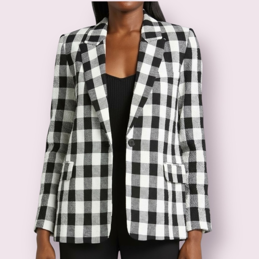 Halogen Plaid check one button blazer jacket Ladies size large Black white